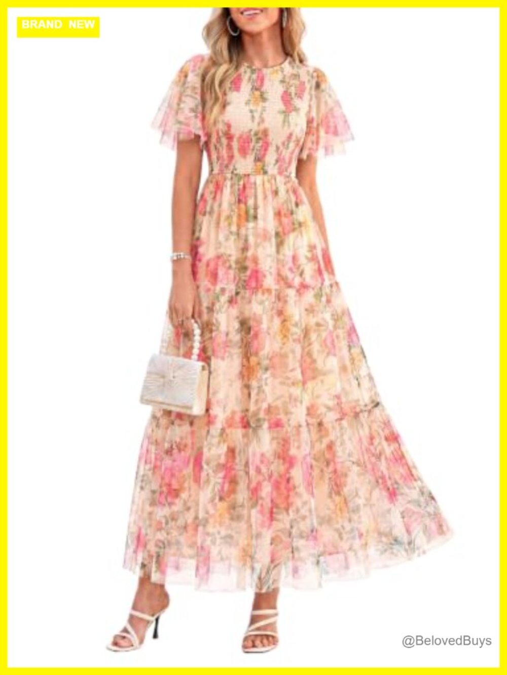 Women Tulle Floral Flutter Sleeve Maxi Dress Fit & Flare High Waist